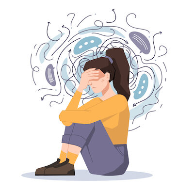 Anxiety, woman fears and phobias, thoughts get confused and crushed isolated girl sitting on floor with headache. troubled unhappy girl, anxious scared female in despair, psychological problems